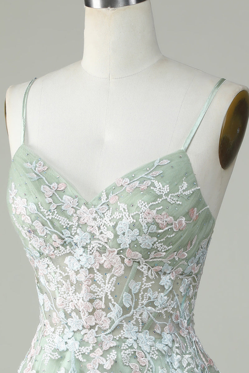 Load image into Gallery viewer, Dusty Sage Spaghetti Straps Short Prom Dress With Criss Cross Back