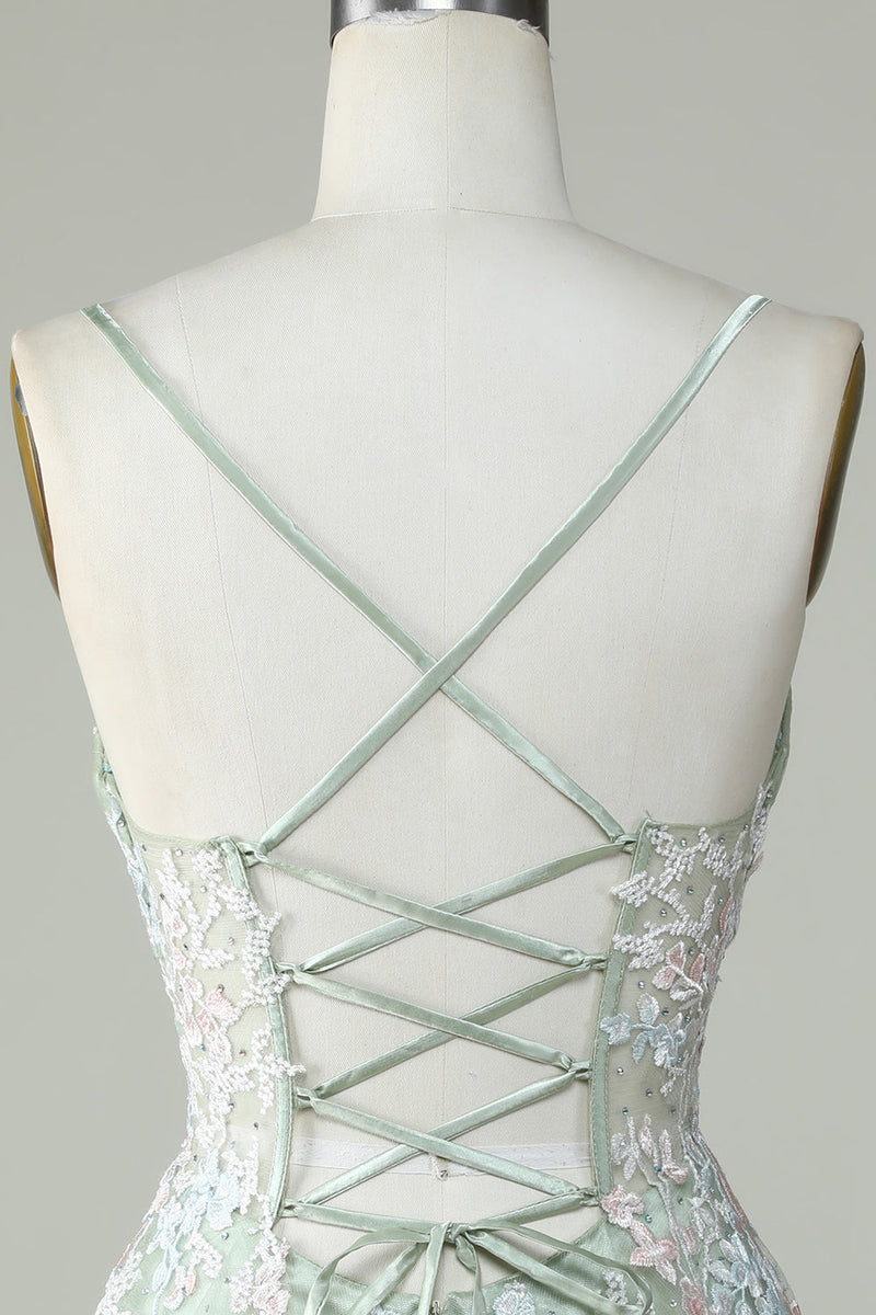 Load image into Gallery viewer, Dusty Sage Spaghetti Straps Short Prom Dress With Criss Cross Back