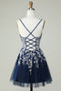 Load image into Gallery viewer, Dusty Sage Spaghetti Straps Short Prom Dress With Criss Cross Back