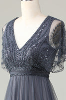 Load image into Gallery viewer, Tulle A-Line Beaded Eucalyptus Bridesmaid Dress with Sequins