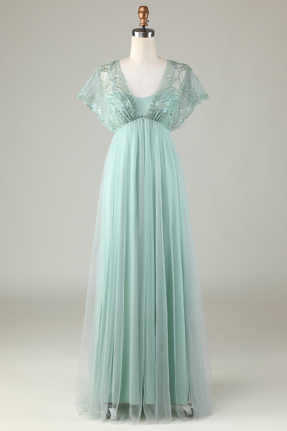 Tulle Sparkly Sage Bridesmaid Dress with Beading