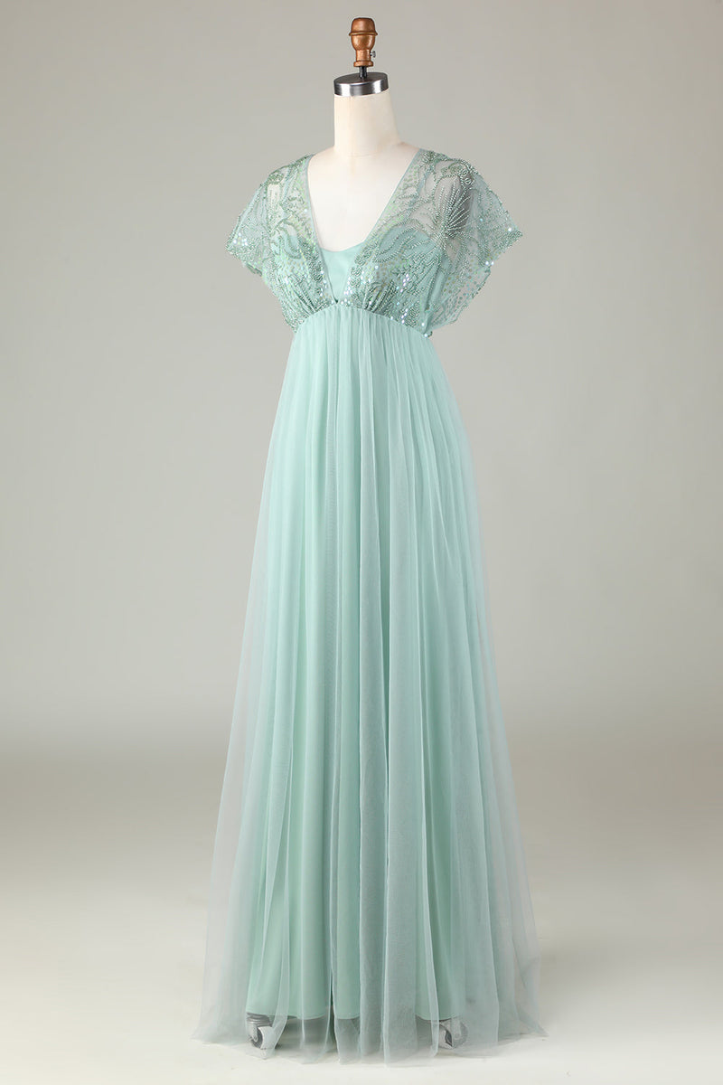 Load image into Gallery viewer, Tulle Sparkly Sage Bridesmaid Dress with Beading