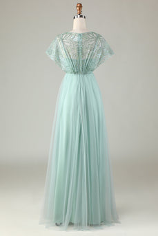 Tulle Sparkly Sage Bridesmaid Dress with Beading
