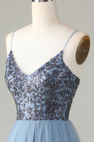 Load image into Gallery viewer, Beaded Spaghetti Straps Dusty Blue Bridesmaid Dress