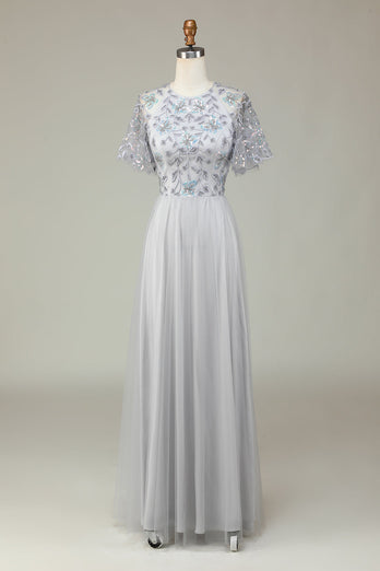 A-Line Tulle Beaded Long Grey Bridesmaid Dress with Appliques