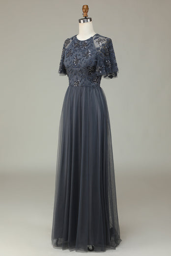 A-Line Tulle Beaded Long Grey Bridesmaid Dress with Appliques