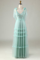 Load image into Gallery viewer, Tulle V-Neck Dusty Pink Bridesmaid Dress with Beading