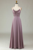 Load image into Gallery viewer, Spaghetti Straps Beaded Dusty Pink Bridesmaid Dress