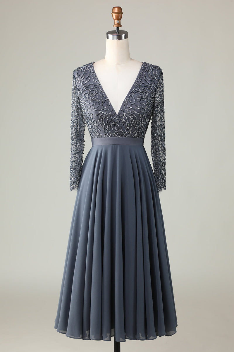 Load image into Gallery viewer, A Line Eucalyptus V-Neck Beaded Long Sleeves Bridesmaid Dress