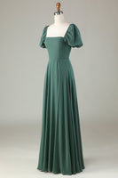 Load image into Gallery viewer, Chiffon Puff Sleeves Eucalyptus Bridesmaid Dress