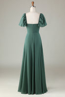 Load image into Gallery viewer, Chiffon Puff Sleeves Eucalyptus Bridesmaid Dress
