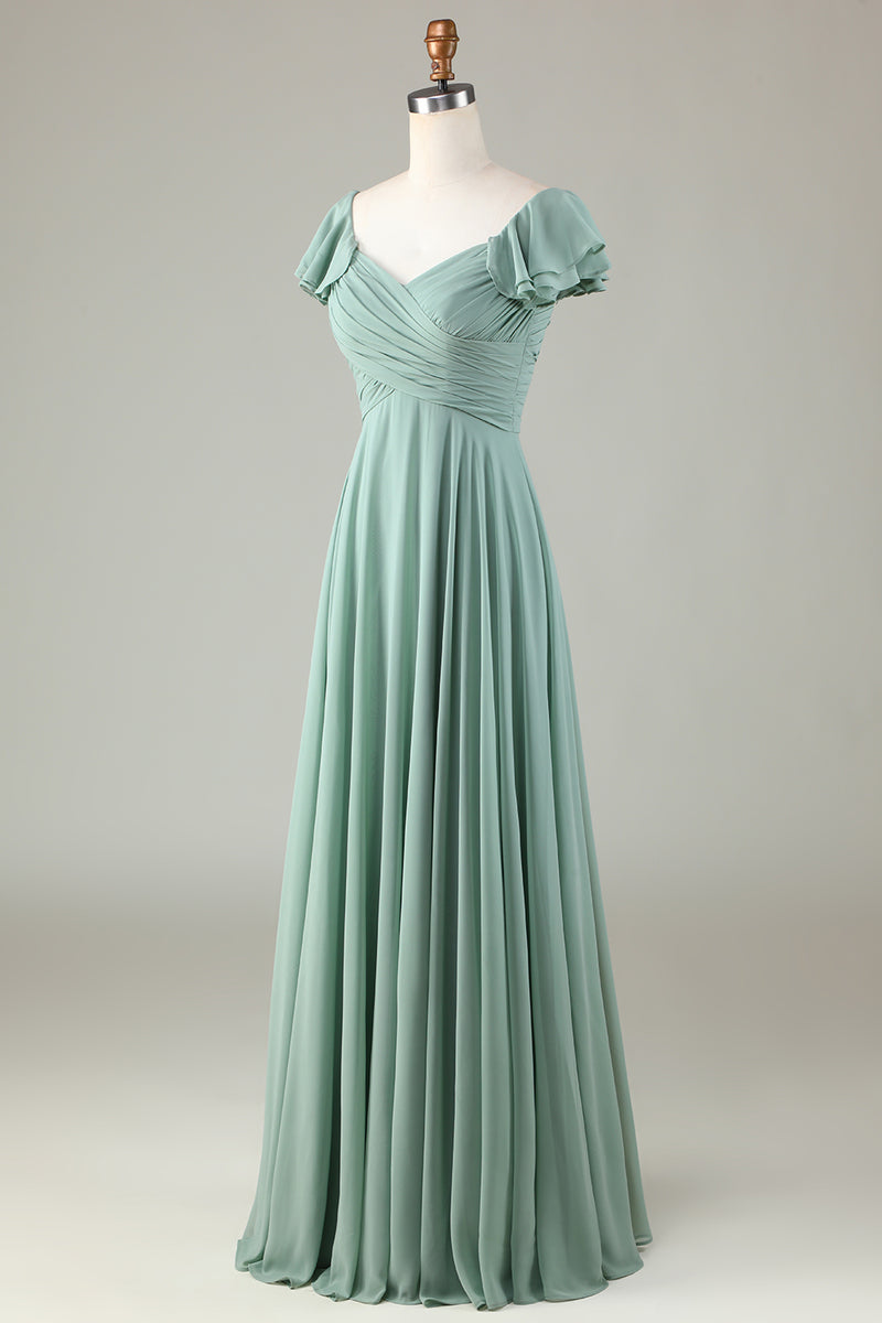 Load image into Gallery viewer, Lace-Up Back Matcha Bridesmaid Dress with Ruffles