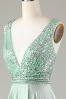 Load image into Gallery viewer, Sparkly V-Neck Matcha Bridesmaid Dress with Sequins