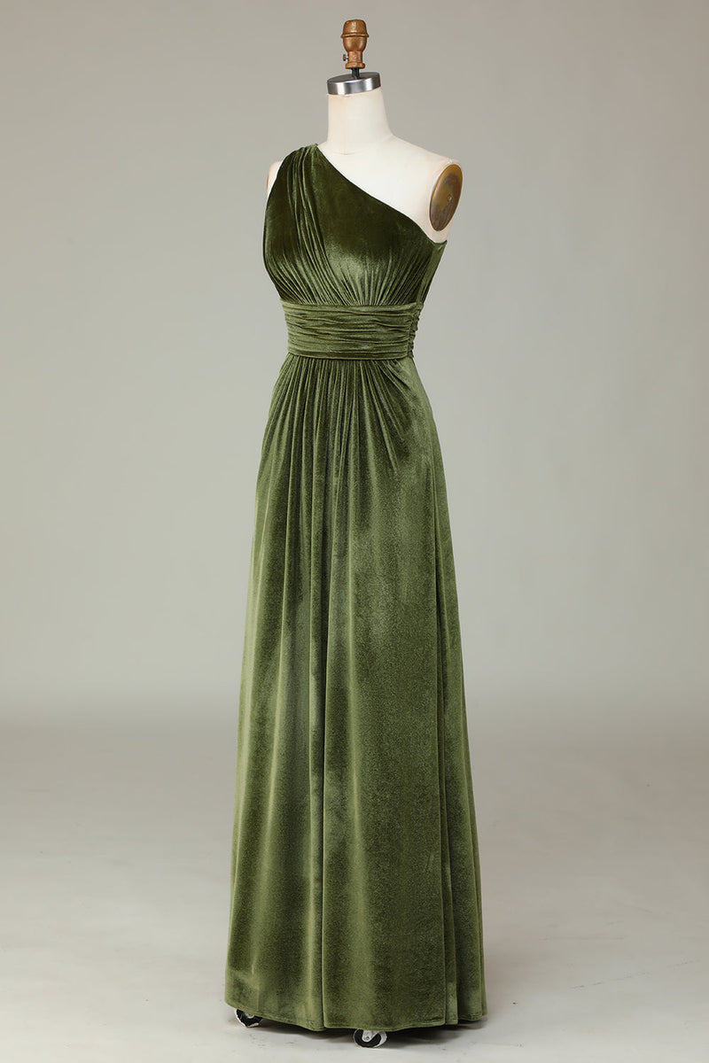 Queendancer Women Velvet Olive Bridesmaid Dress A-Line One Shoulder Wedding Guest Dress queendanceruk Queendancer Women Velvet Olive Bridesmaid Dress A-Line One Shoulder Wedding Guest Dress queendanceruk