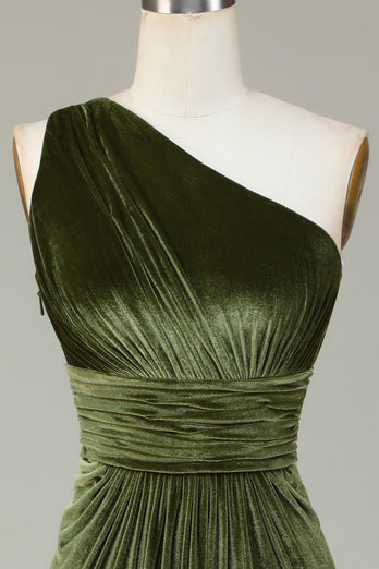 Velvet One Shoulder Olive Bridesmaid Dress