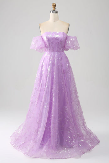Sparkly Lilac A Line Strapless Long Prom Dress With Embroidery