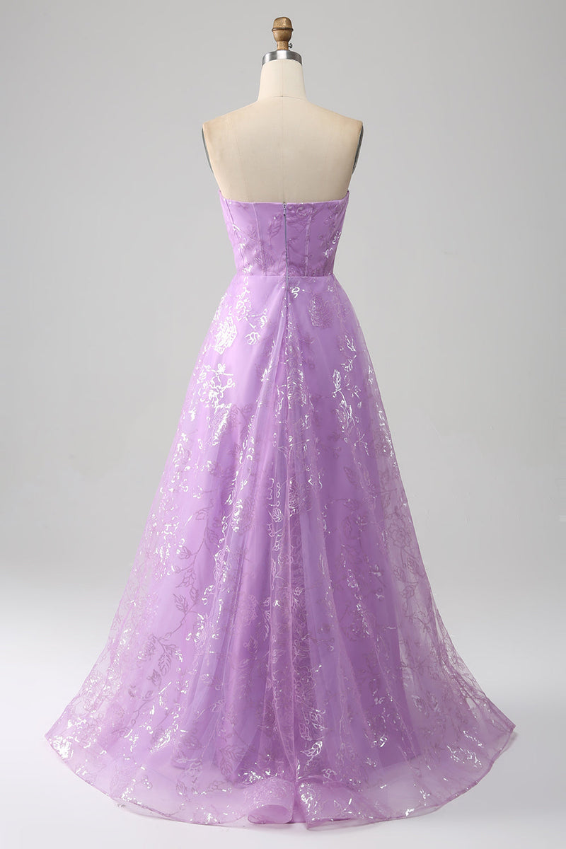 Load image into Gallery viewer, Sparkly Lilac A Line Strapless Long Prom Dress With Embroidery
