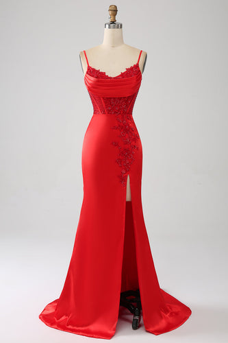 Satin Mermaid Beaded Red Prom Dress with Slit