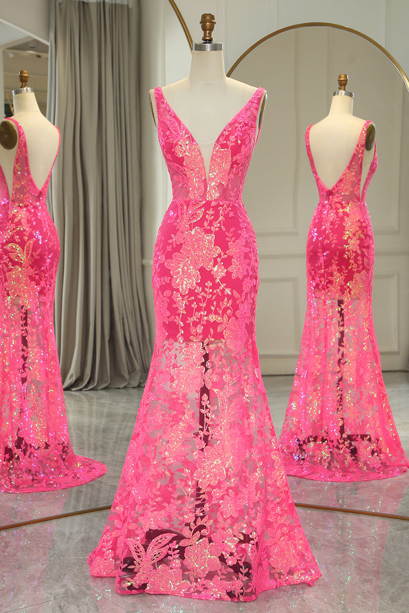 Load image into Gallery viewer, Sparkly Fuchsia Mermaid V Neck Long Prom Dress With Sequined Appliques