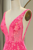 Load image into Gallery viewer, Sparkly Fuchsia Mermaid V Neck Long Prom Dress With Sequined Appliques