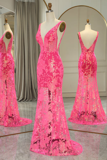 Sparkly Fuchsia Mermaid V Neck Long Prom Dress With Sequined Appliques