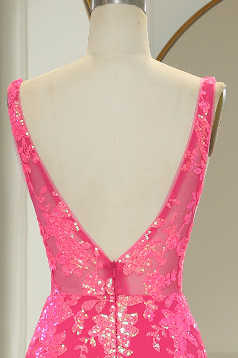 Load image into Gallery viewer, Sparkly Fuchsia Mermaid V Neck Long Prom Dress With Sequined Appliques