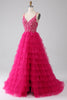 Load image into Gallery viewer, Fuchsia Princess A-Line Spaghetti Straps Sequin Tiered Long Prom Dress with Slit