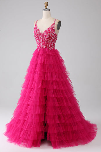 Fuchsia Princess A-Line Spaghetti Straps Sequin Tiered Long Prom Dress with Slit