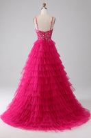 Load image into Gallery viewer, Fuchsia Princess A-Line Spaghetti Straps Sequin Tiered Long Prom Dress with Slit