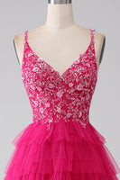 Load image into Gallery viewer, Fuchsia Princess A-Line Spaghetti Straps Sequin Tiered Long Prom Dress with Slit