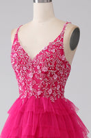 Load image into Gallery viewer, Fuchsia Princess A-Line Spaghetti Straps Sequin Tiered Long Prom Dress with Slit
