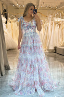 Load image into Gallery viewer, Floral Print A Line Adjustable Straps Tulle Long Prom Dress