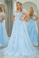 Load image into Gallery viewer, Light Blue A Line Appliqued Long Corset Prom Dress With Feathers