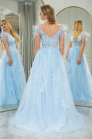 Load image into Gallery viewer, Light Blue A Line Appliqued Long Corset Prom Dress With Feathers