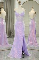 Load image into Gallery viewer, Glitter Light Purple Mermaid Backless Long Corset Prom Dress With Slit