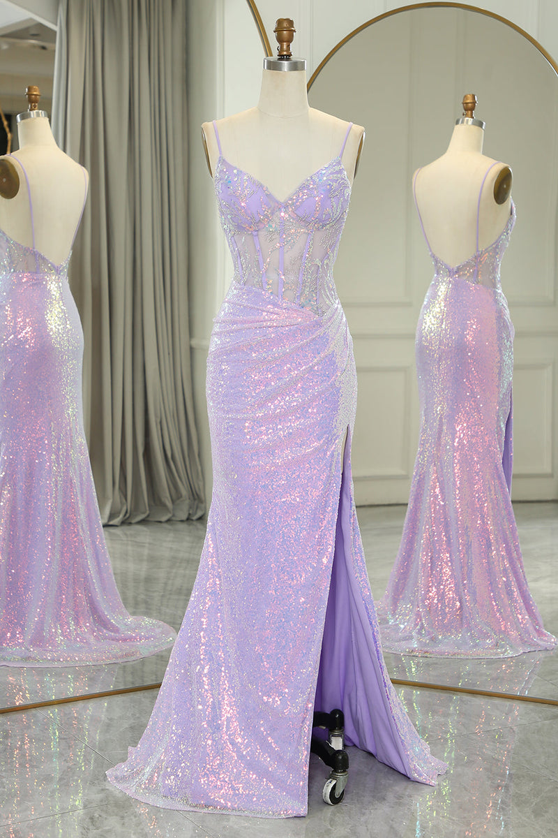 Load image into Gallery viewer, Glitter Light Purple Mermaid Backless Long Corset Prom Dress With Slit