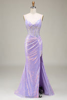 Load image into Gallery viewer, Sparkly Mermaid LighT Purple Corset Prom Dress with Slit