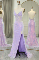 Load image into Gallery viewer, Glitter Light Purple Mermaid Backless Long Corset Prom Dress With Slit