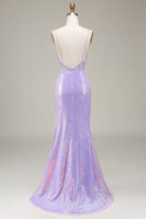 Load image into Gallery viewer, Sparkly Mermaid LighT Purple Corset Prom Dress with Slit