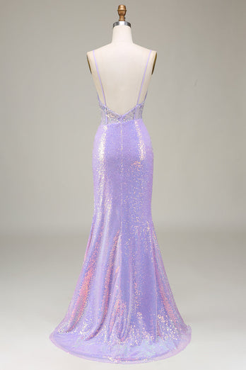 Sparkly Mermaid LighT Purple Corset Prom Dress with Slit