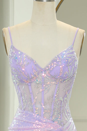 Glitter Light Purple Mermaid Backless Long Corset Prom Dress With Slit