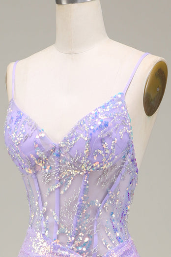 Sparkly Mermaid LighT Purple Corset Prom Dress with Slit