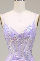 Load image into Gallery viewer, Sparkly Mermaid LighT Purple Corset Prom Dress with Slit