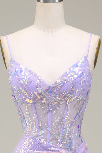 Sparkly Mermaid LighT Purple Corset Prom Dress with Slit