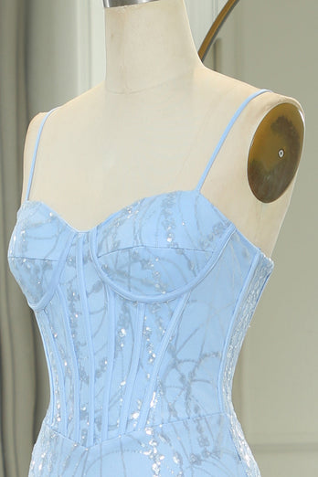 Sparkly Light Blue Mermaid Long Prom Dress With Sequined Appliques