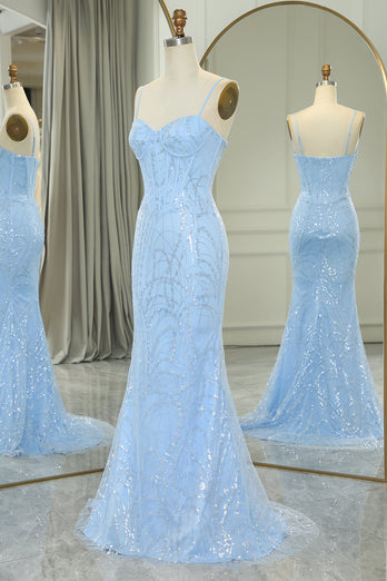 Sparkly Light Blue Mermaid Long Prom Dress With Sequined Appliques