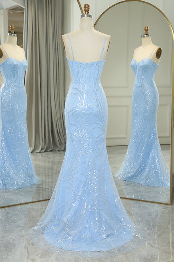 Sparkly Light Blue Mermaid Long Prom Dress With Sequined Appliques