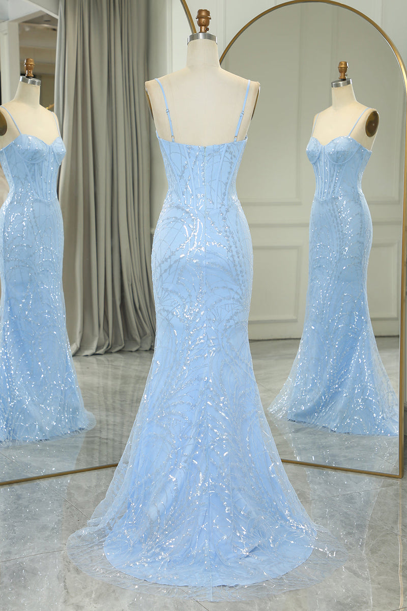 Load image into Gallery viewer, Sparkly Light Blue Mermaid Long Prom Dress With Sequined Appliques