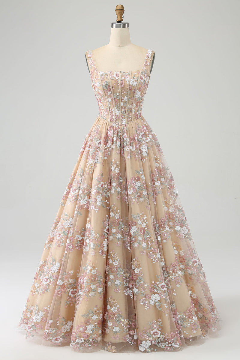 Load image into Gallery viewer, Women Floral Champagne Corset Long Prom Dress Charming A Line Square Neck Formal Dress with Appliques