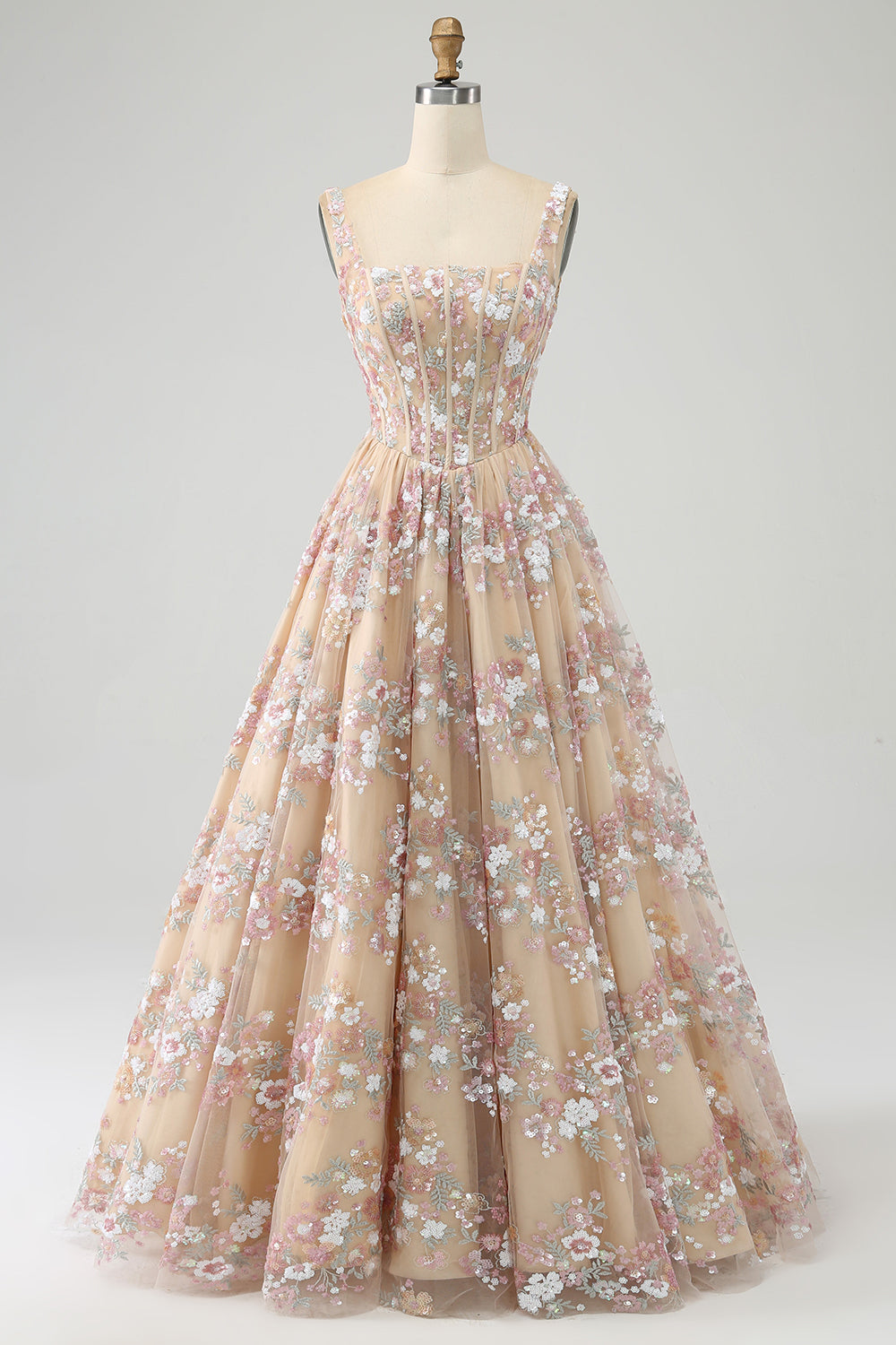 Women Floral Champagne Corset Long Prom Dress Charming A Line Square Neck Formal Dress with Appliques